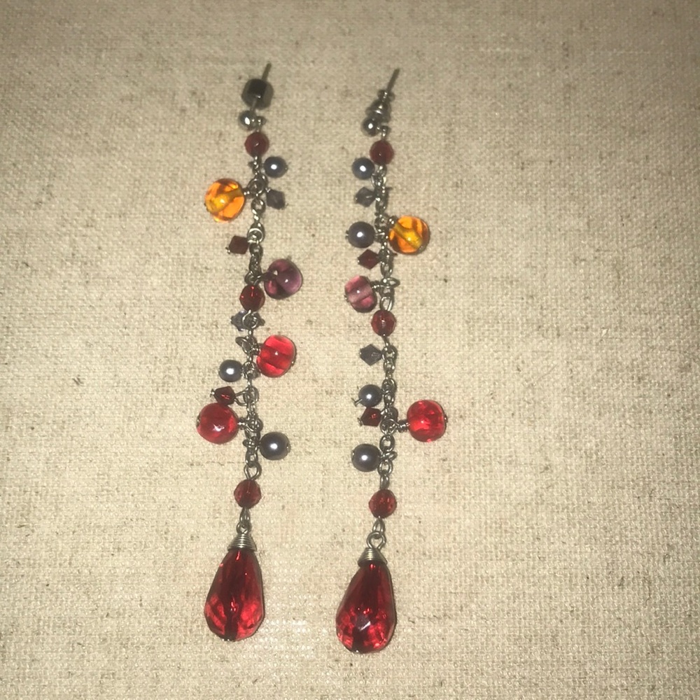 Red Beaded Dangling Earrings